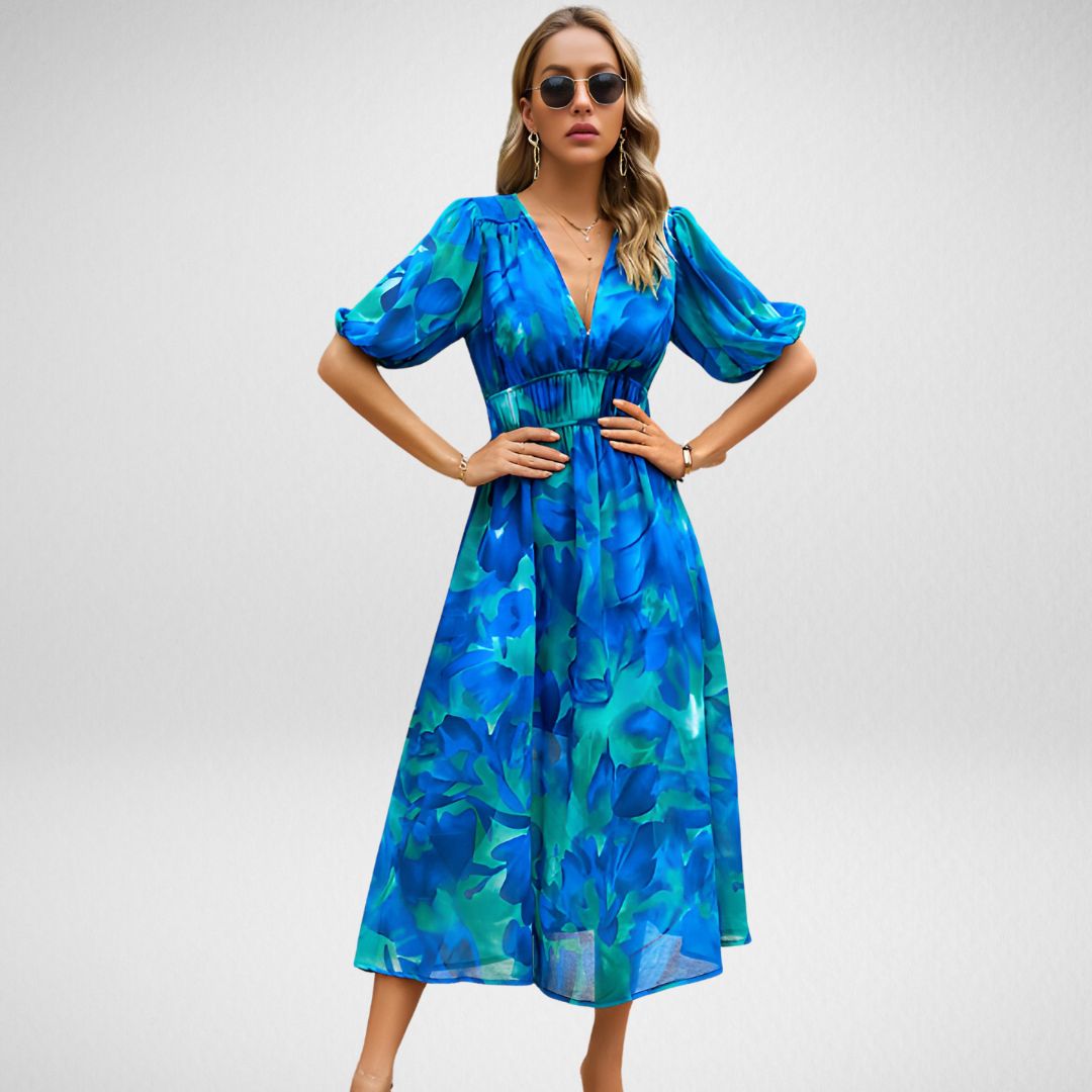 Women's Maxi Dress with V Neck and Puff Sleeves
