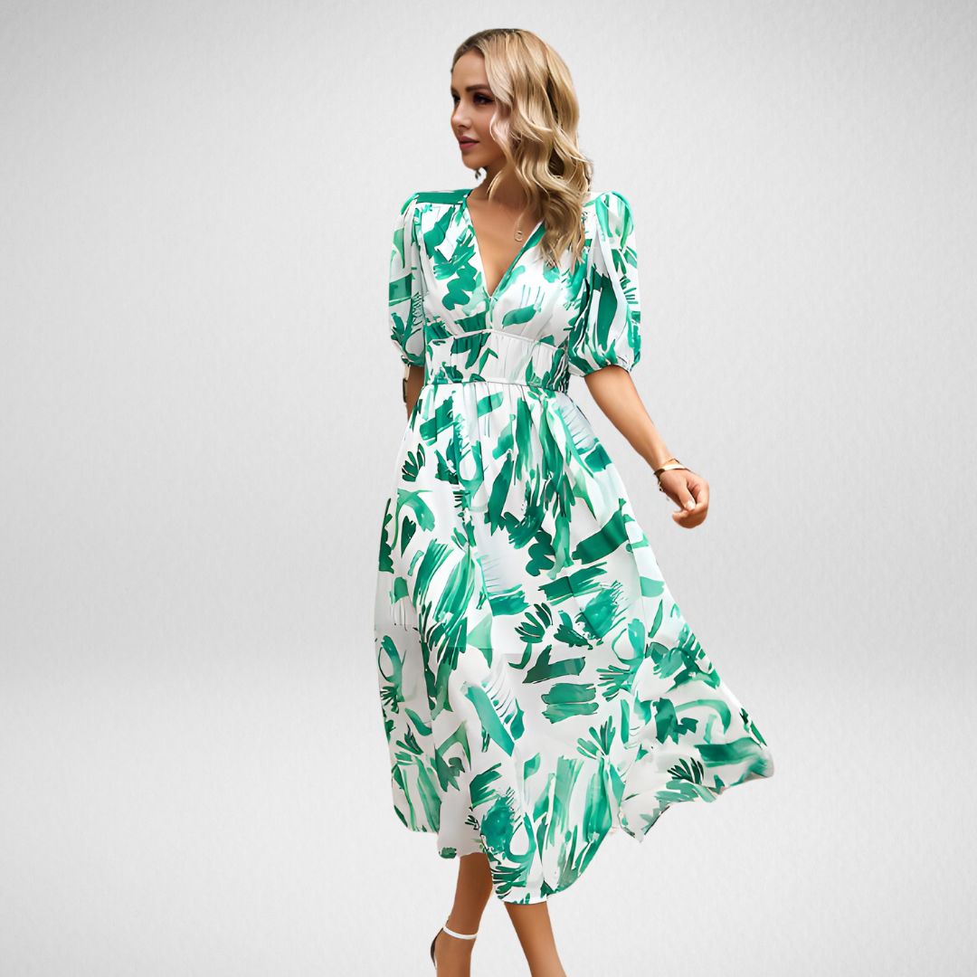 Women's Maxi Dress with V Neck and Puff Sleeves