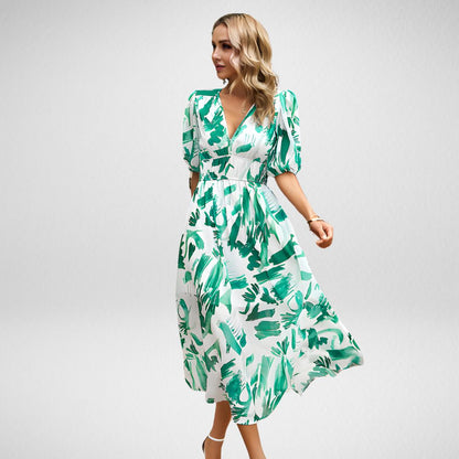 Women's Maxi Dress with V Neck and Puff Sleeves