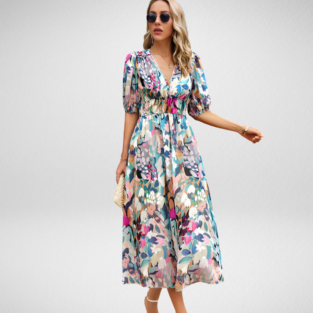 Women's Maxi Dress with V Neck and Puff Sleeves