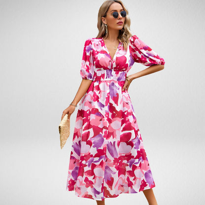 Women's Maxi Dress with V Neck and Puff Sleeves