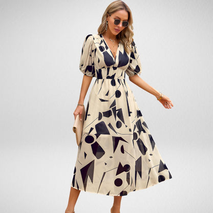 Women's Maxi Dress with V Neck and Puff Sleeves