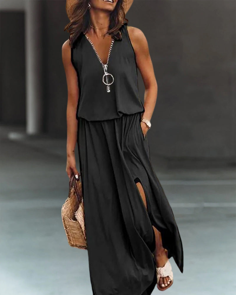 Women's Maxi Dress with Zipper and Split