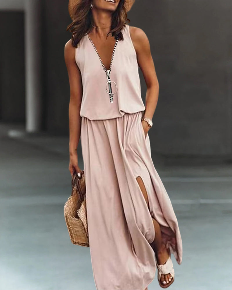 Women's Maxi Dress with Zipper and Split