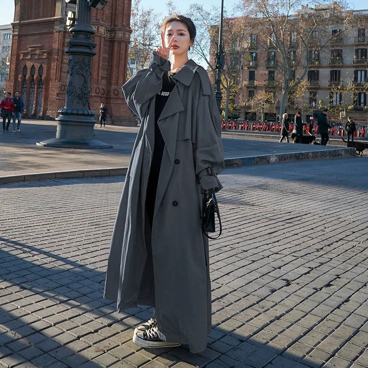 Women's Maxi Trench Coat with Tie Belt