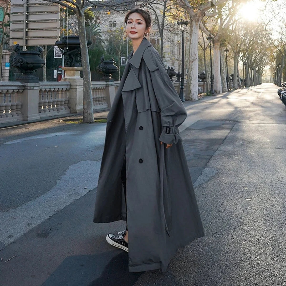 Women's Maxi Trench Coat with Tie Belt