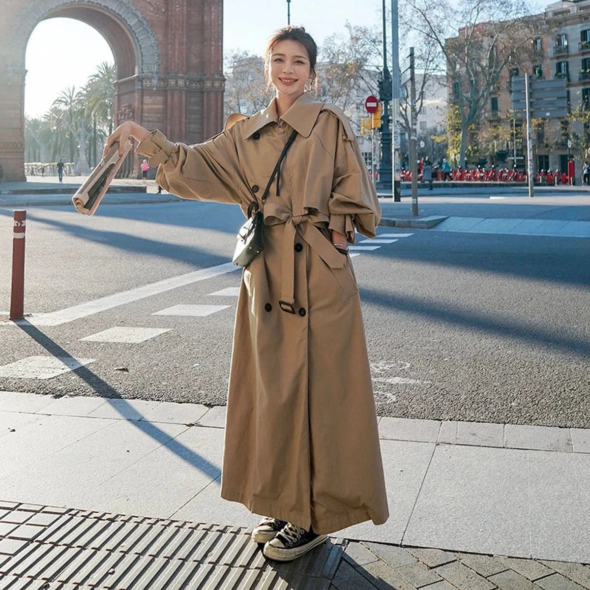 Women's Maxi Trench Coat with Tie Belt