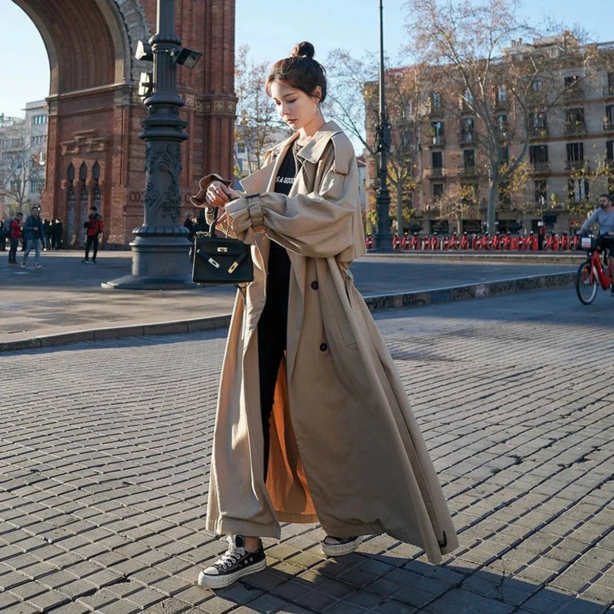 Women's Maxi Trench Coat with Tie Belt
