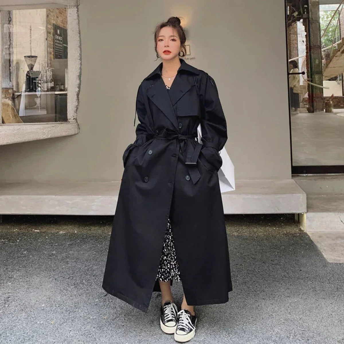 Women's Maxi Trench Coat with Tie Belt