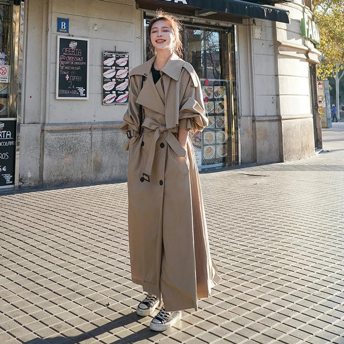 Women's Maxi Trench Coat with Tie Belt