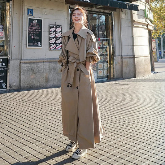 Women's Maxi Trench Coat with Tie Belt