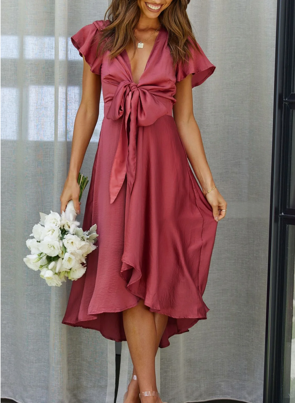 Women's Midi Dress with Bow Tie and Short Sleeves