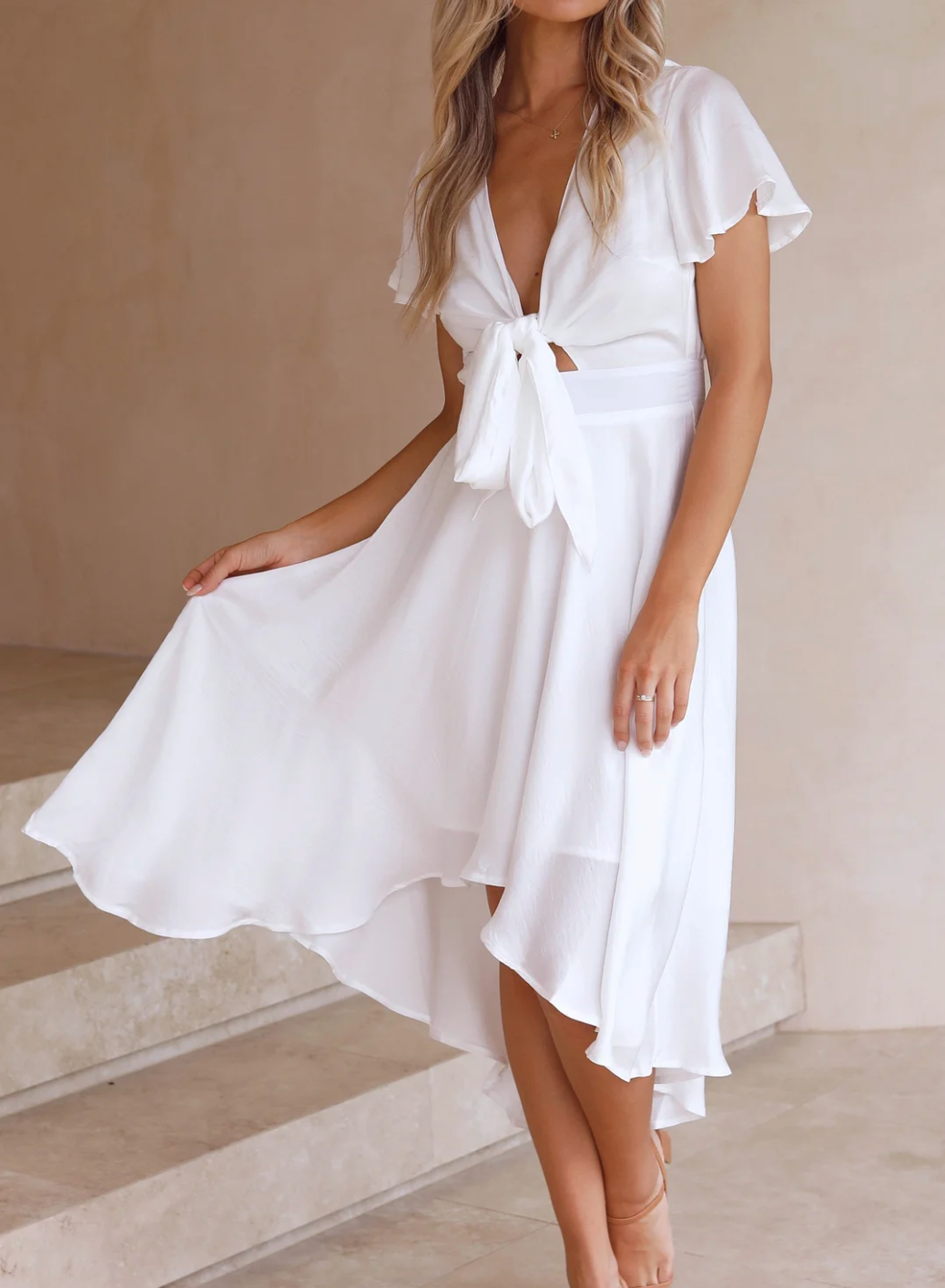 Women's Midi Dress with Bow Tie and Short Sleeves