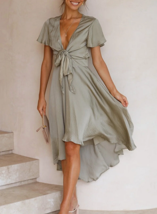 Women's Midi Dress with Bow Tie and Short Sleeves