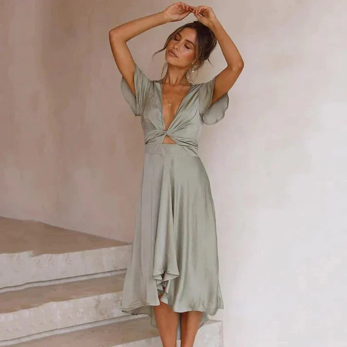 Women's Midi Dress with V-Neck and Flutter Sleeves