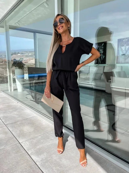 Women's Midi Jumpsuit with Tailored Short Sleeves