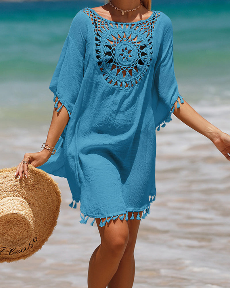 Women's Mini Dress with Crochet Insert and Fringes