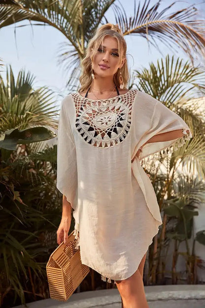Women's Mini Dress with Crochet Insert and Fringes