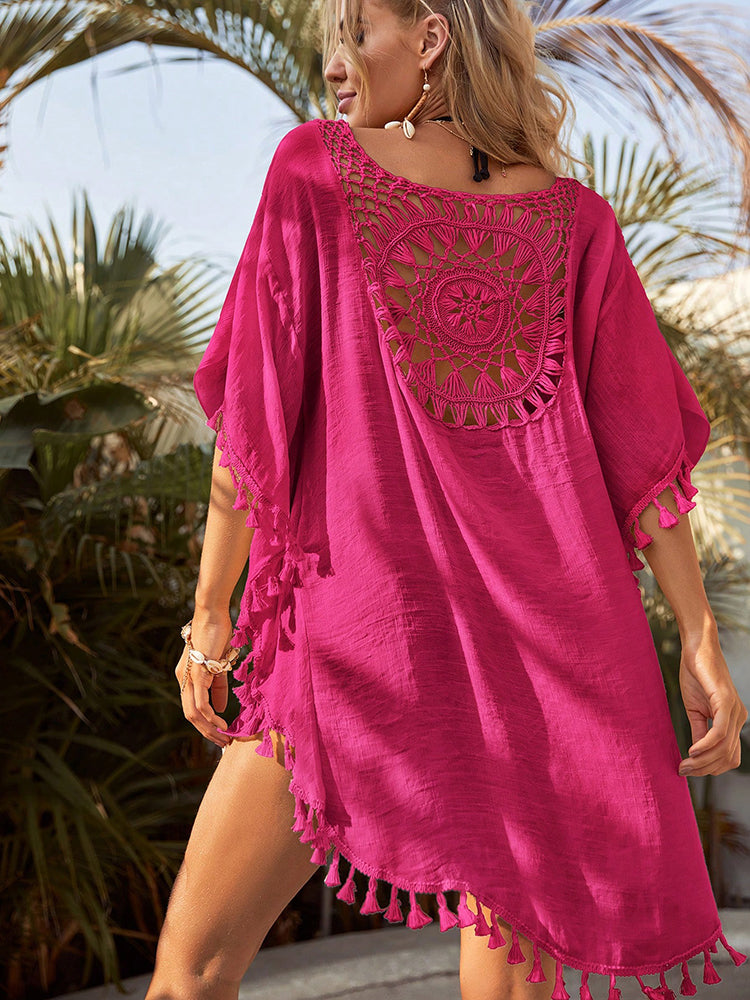 Women's Mini Dress with Crochet Insert and Fringes