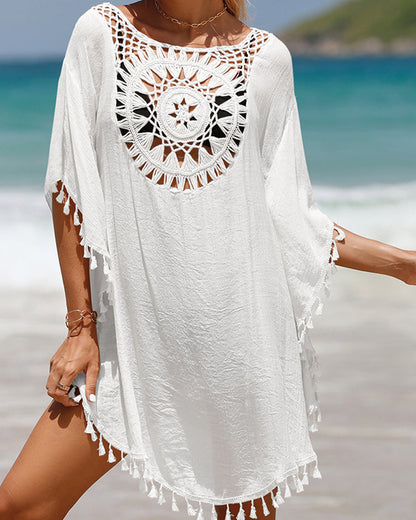 Women's Mini Dress with Crochet Insert and Fringes