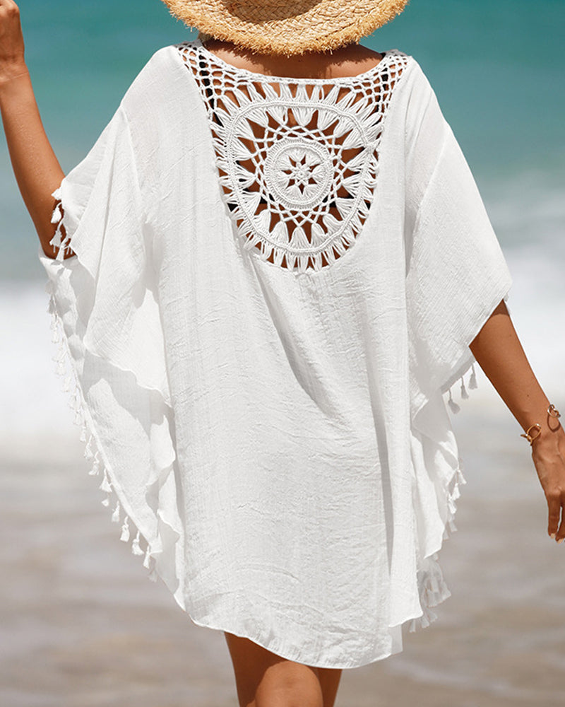 Women's Mini Dress with Crochet Insert and Fringes