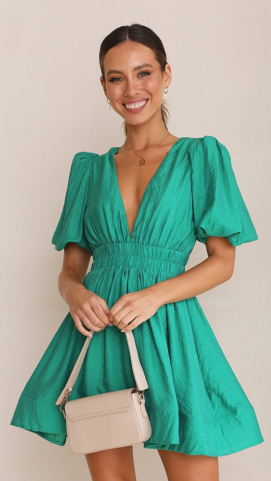 Women's Mini Dress with Deep V-Neck and Puff Sleeves