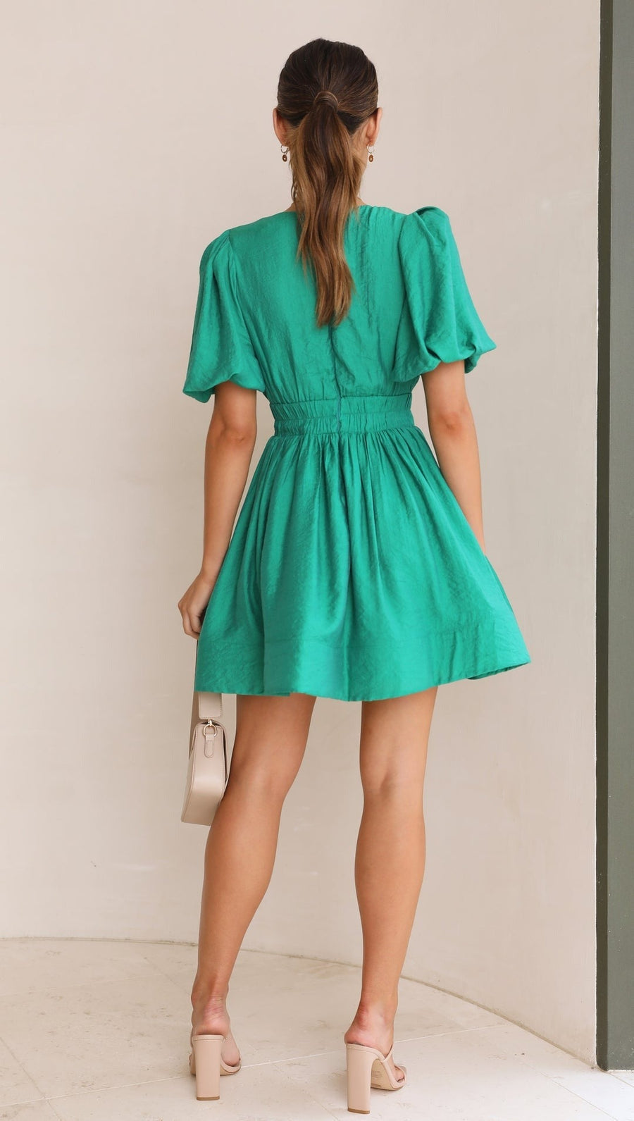 Women's Mini Dress with Deep V-Neck and Puff Sleeves