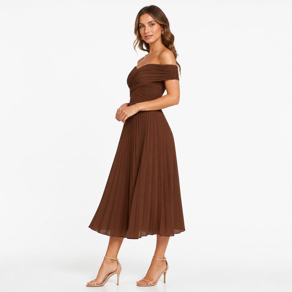 Women's Off-Shoulder Pleated Strapless Midi Dress