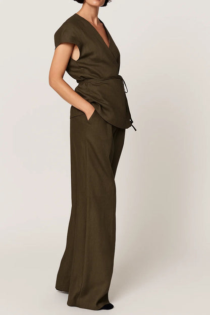 Women's Olive Green Wrap Top and Wide-Leg Trouser Set