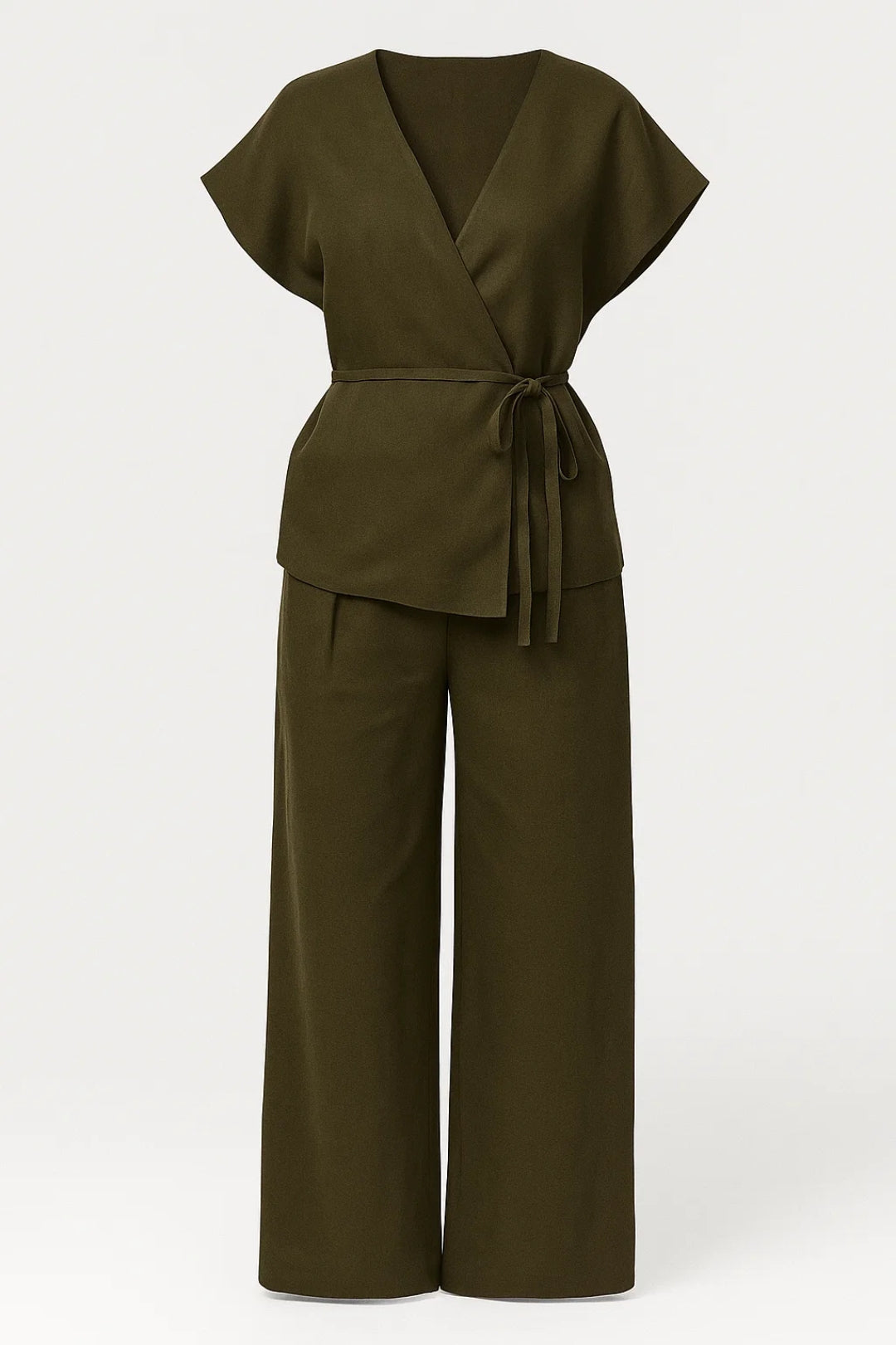 Women's Olive Green Wrap Top and Wide-Leg Trouser Set