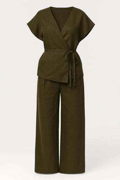 Women's Olive Green Wrap Top and Wide-Leg Trouser Set