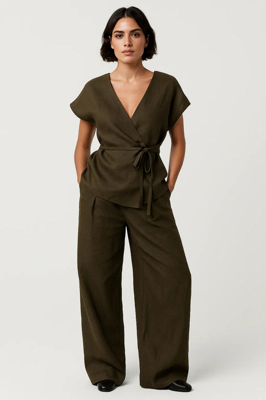 Women's Olive Green Wrap Top and Wide-Leg Trouser Set