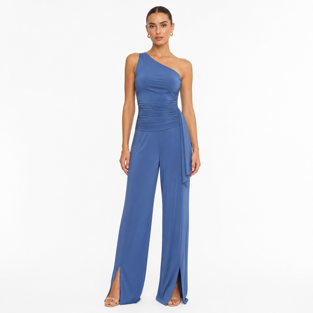 Women's One-Shoulder Ruched Wide-Leg Jumpsuit