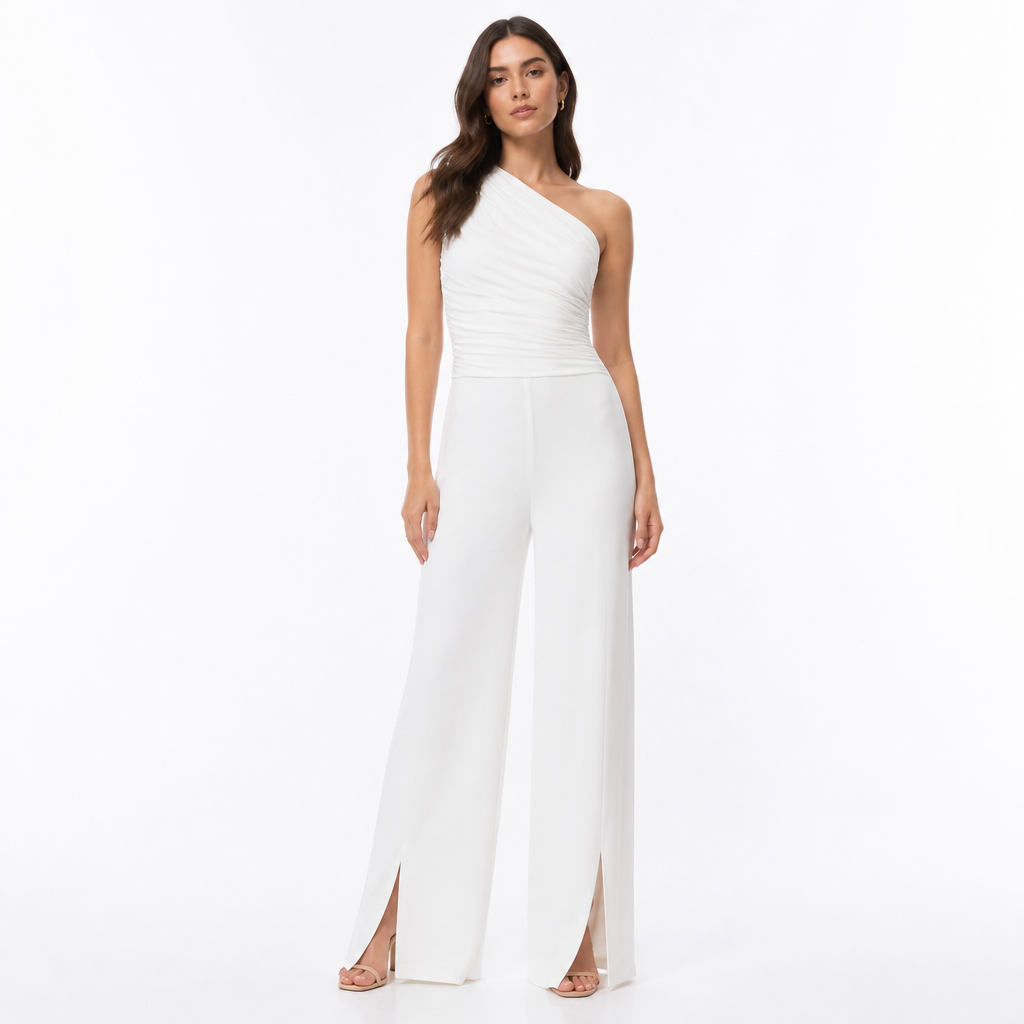 Women's One-Shoulder Ruched Wide-Leg Jumpsuit