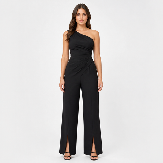 Women's One-Shoulder Ruched Wide-Leg Jumpsuit