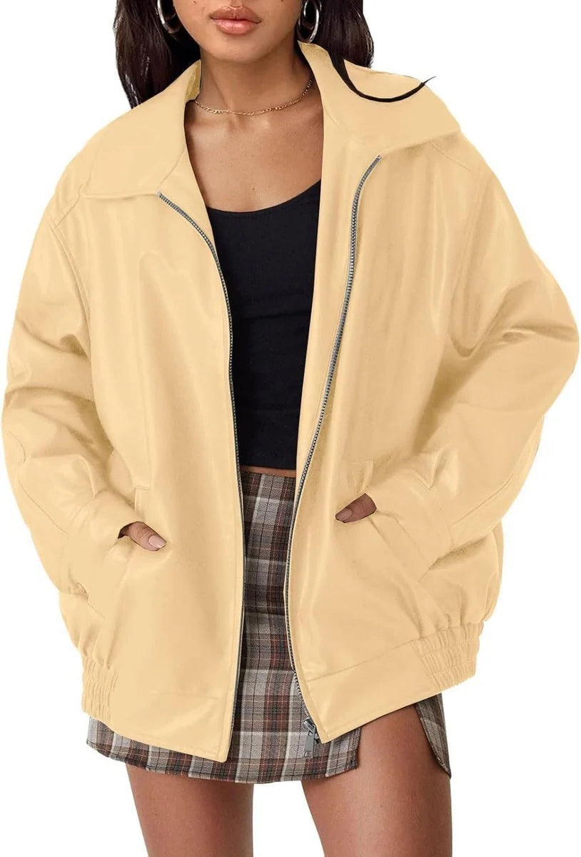 Women's Oversized Faux Leather Bomber Jacket