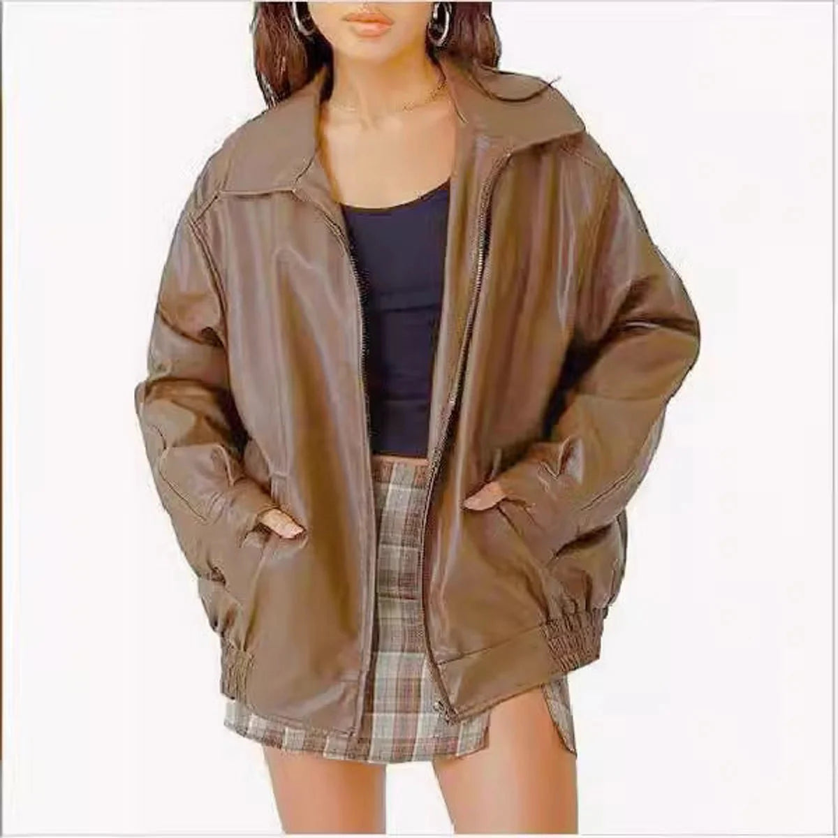 Women's Oversized Faux Leather Bomber Jacket