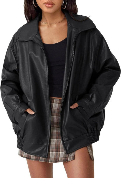 Women's Oversized Faux Leather Bomber Jacket
