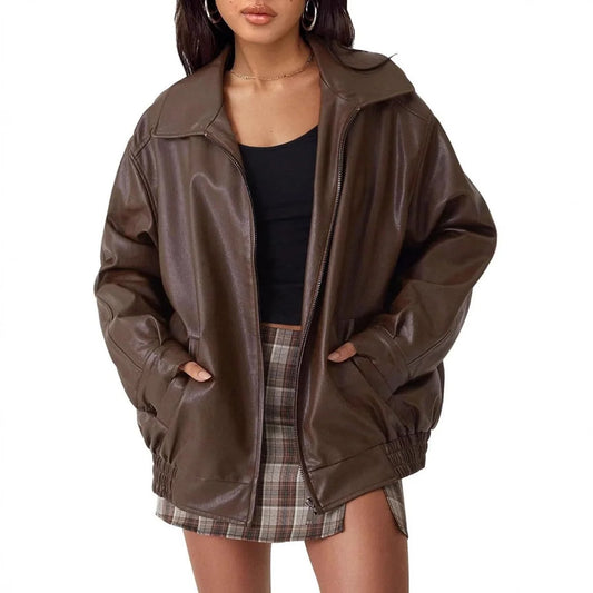 Women's Oversized Faux Leather Bomber Jacket