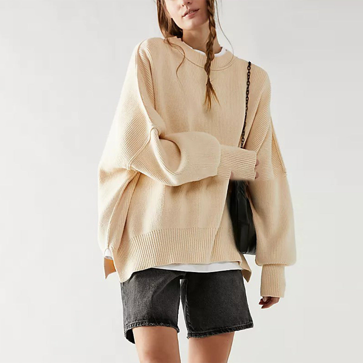 Women's Oversized Knit Sweater with Side Slits