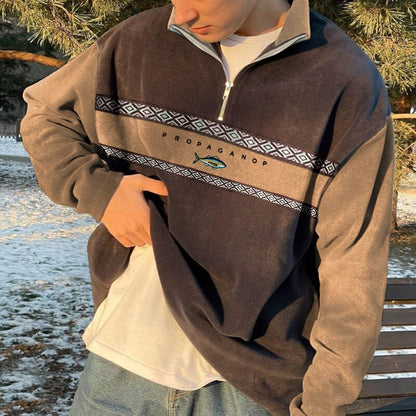 Women's Oversized Zip-Up Sweater with Geometric Pattern
