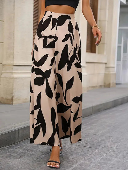 Women's Palazzo Trousers with Leaf Pattern