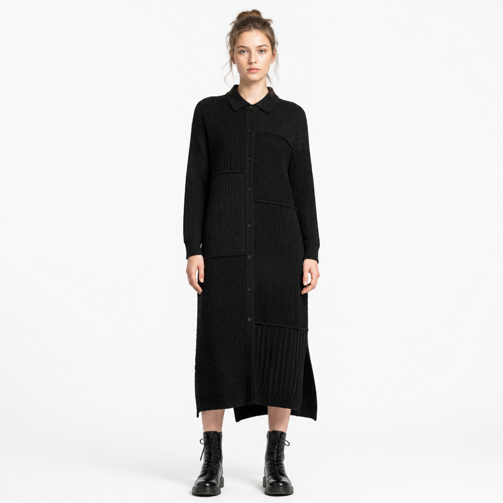 Women's Patchwork Knit Long Shirt-Sweater Dress