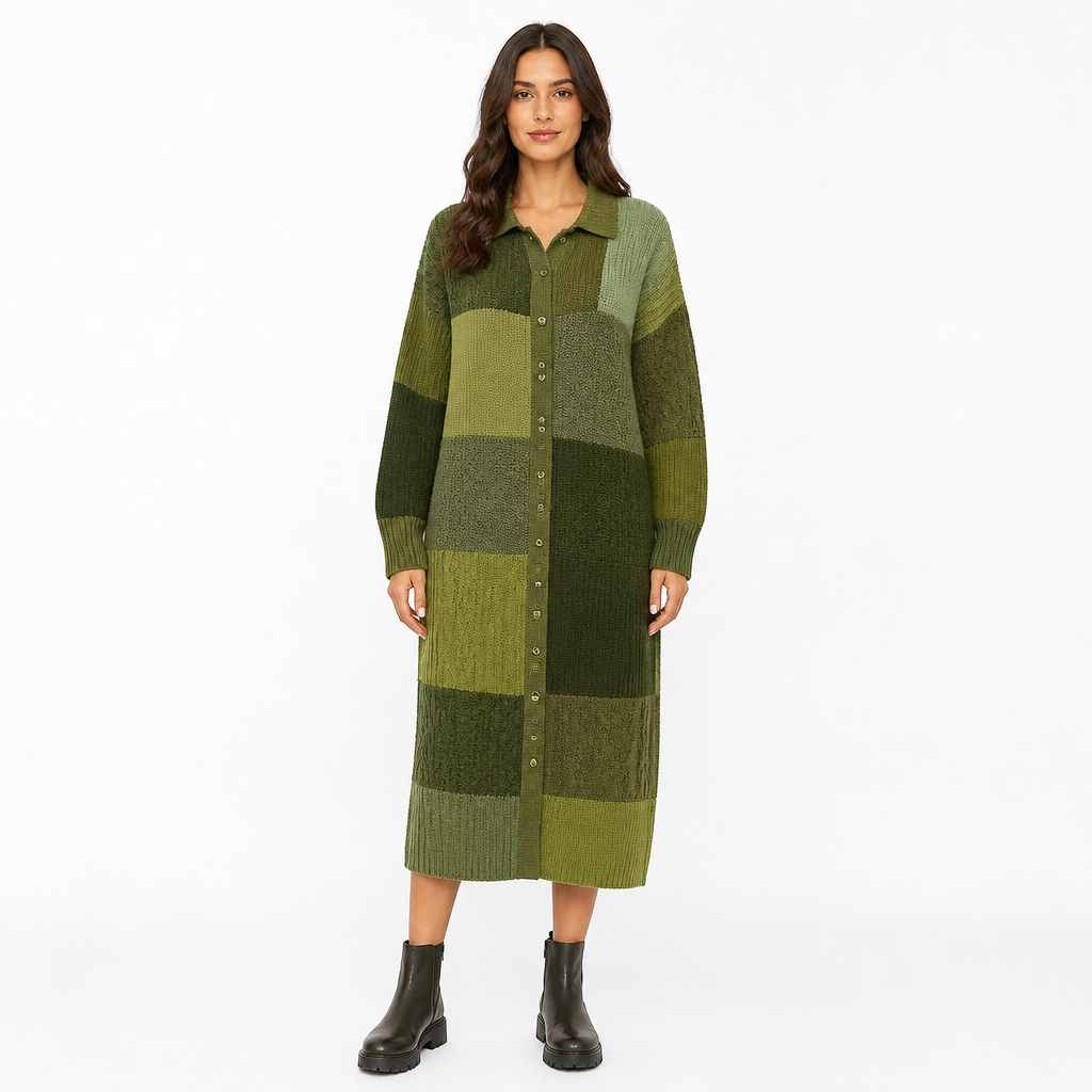 Women's Patchwork Knit Long Shirt-Sweater Dress