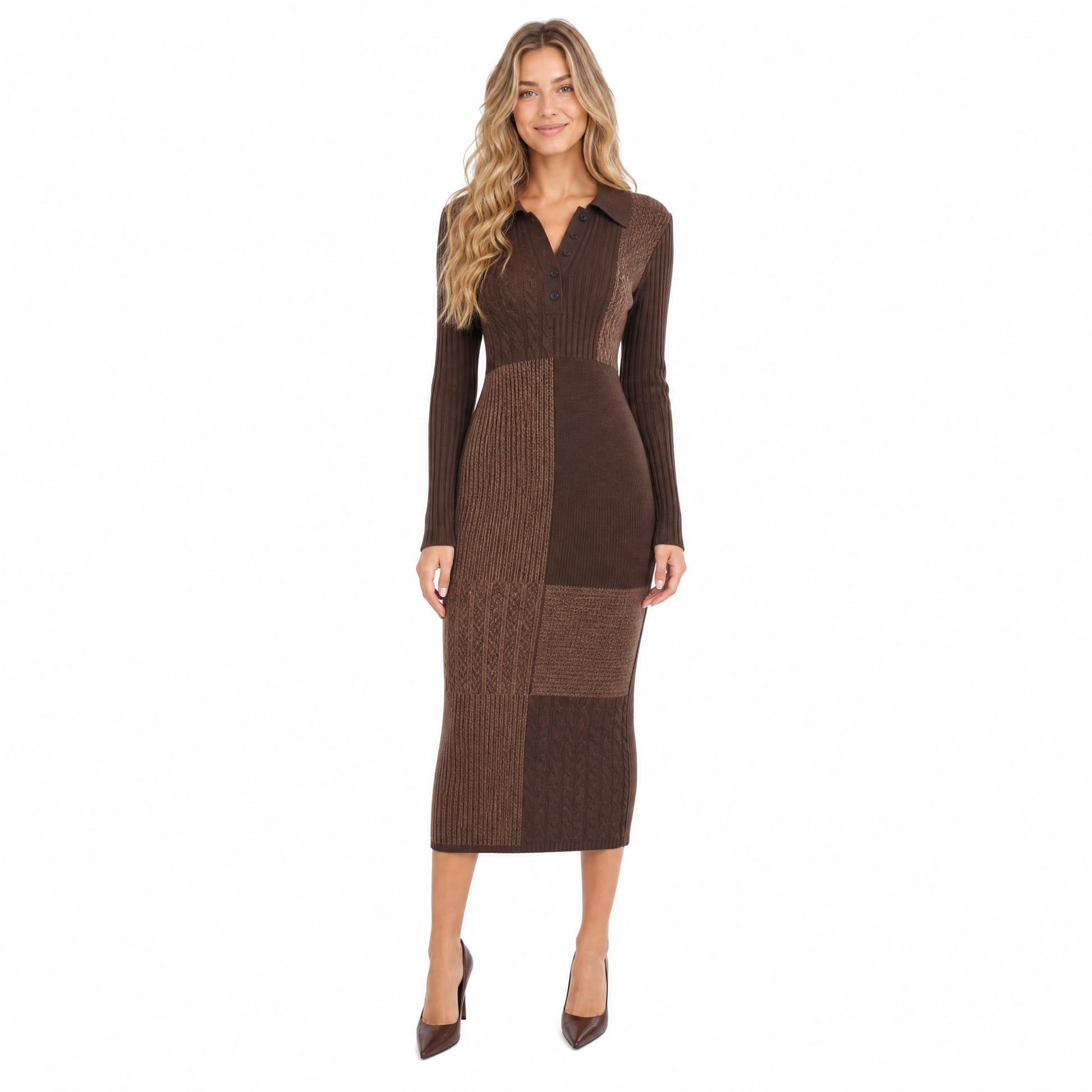 Women's Patchwork Knit Midi Shirt Dress