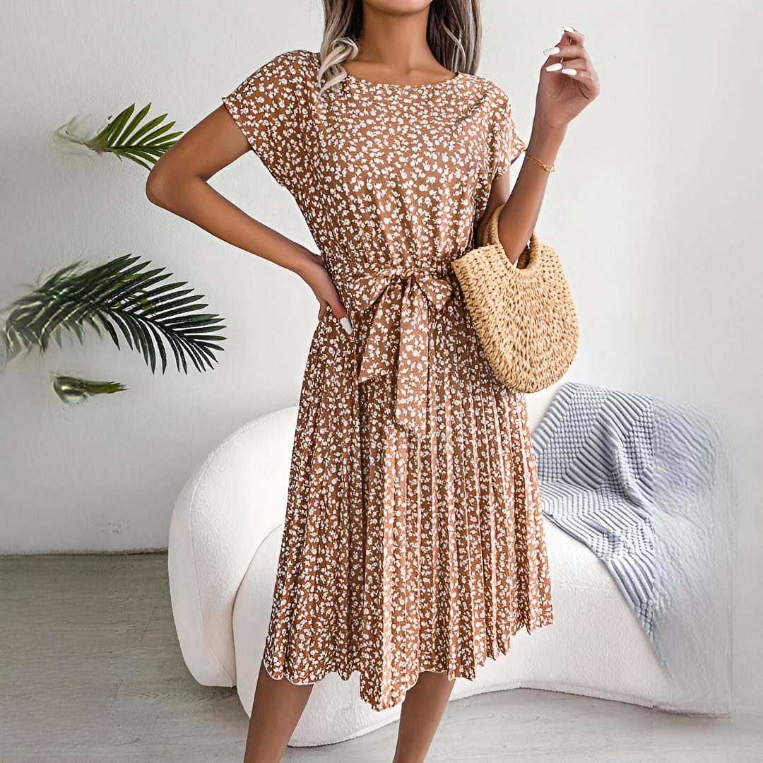 Women's Pleated Midi Dress with Short Sleeves