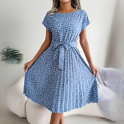 Women's Pleated Midi Dress with Short Sleeves