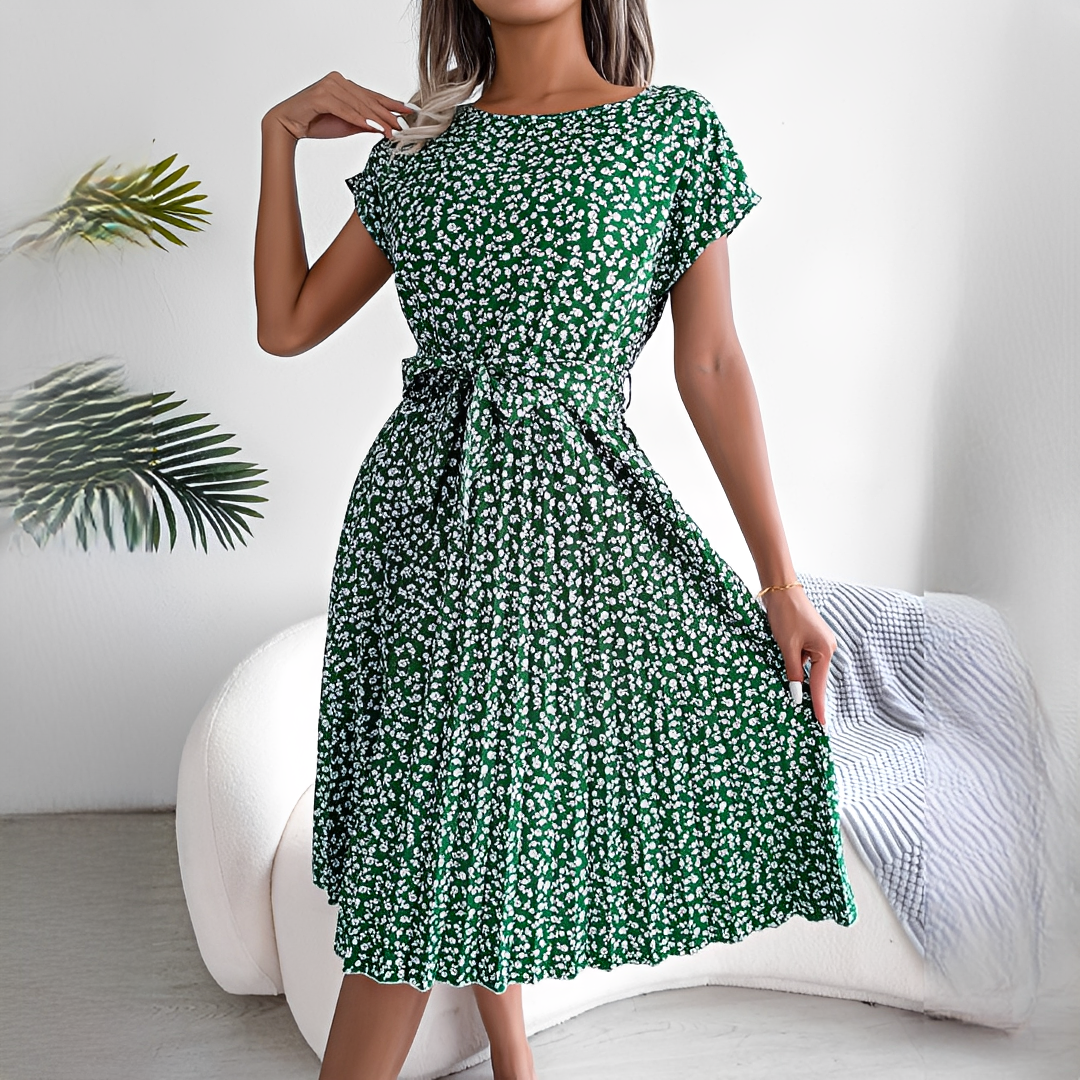 Women's Pleated Midi Dress with Short Sleeves