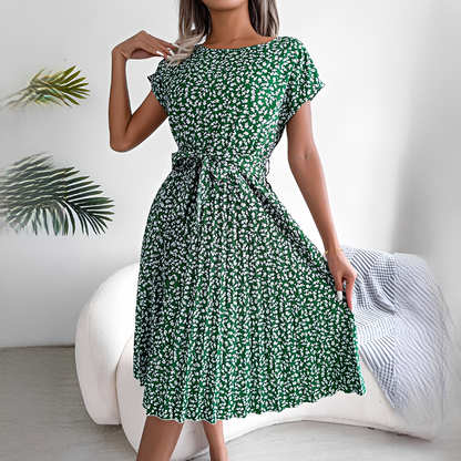 Women's Pleated Midi Dress with Short Sleeves