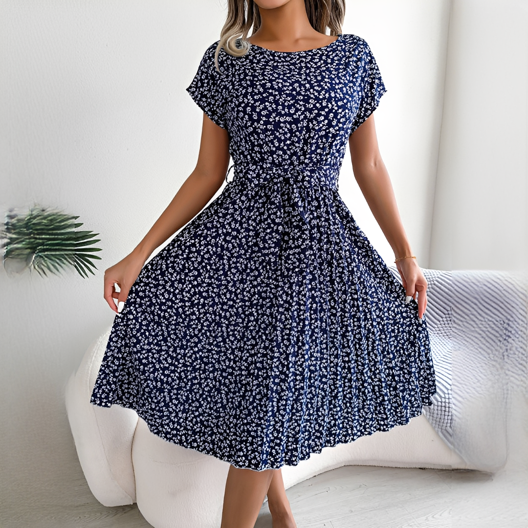 Women's Pleated Midi Dress with Short Sleeves